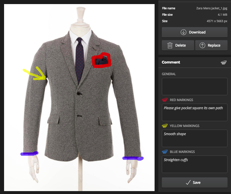 Clarify instructions Product image editing instructions for a suit jacket and dress shirt drawn on the photo